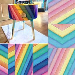 Rainbow Stripe Side Table, Kensington Multicoloured Round Table . Multicoloured Nightstand, Gold Leaf Bedside Table. Mint Green Legs - thumbnail 1