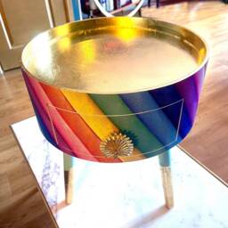 Rainbow Stripe Side Table, Kensington Multicoloured Round Table . Multicoloured Nightstand, Gold Leaf Bedside Table. Mint Green Legs - thumbnail 3