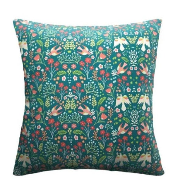 Folklore Birds Floral Cushion Cover , Jade Green Throw Pillow Scatter Cushions - image 1