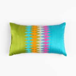 Silk Ikat Lumbar Pillow Cover, Multicolour Embroidery, Indian Ethnic