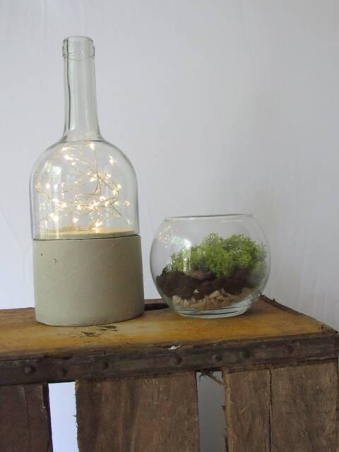 Upcycled Wine Bottle Fairy Twinkle String Light With Concrete Base Unique Gift For Wine Lover, Table & Home Decor, Nightlight, Bookcase - image 1