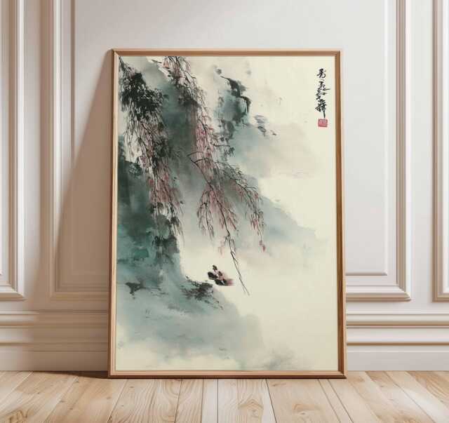 Chinese Landscape Wall Art Print, Asian Ink Painting Poster, Zen Minimalist Decor, Misty Mountain River Artwork - image 1