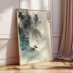 Chinese Landscape Wall Art Print, Asian Ink Painting Poster, Zen Minimalist Decor, Misty Mountain River Artwork - thumbnail 2