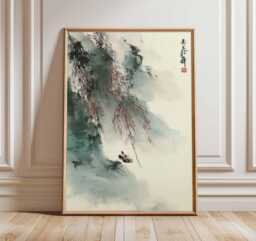 Chinese Landscape Wall Art Print, Asian Ink Painting Poster, Zen Minimalist Decor, Misty Mountain River Artwork - thumbnail 1