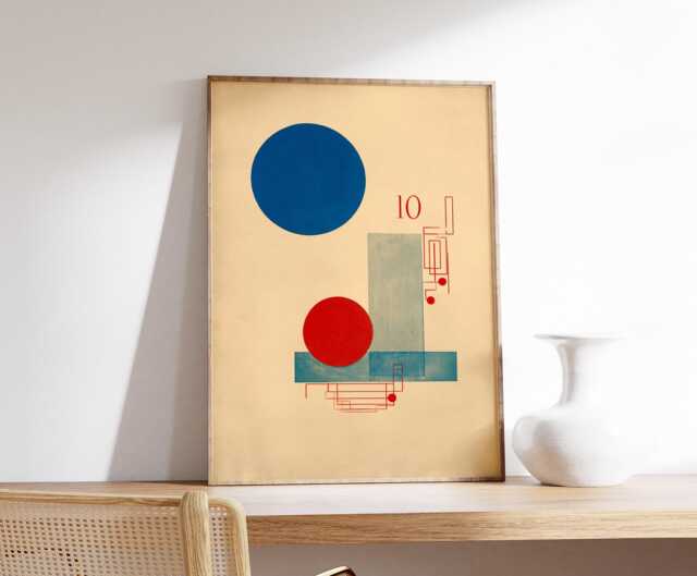Japanese Abstract Geometric Poster, Bauhaus Minimalist Wall Art, Modern Retro Print, Red Blue Circle Composition, Mid Century Decor - image 1