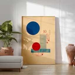 Japanese Abstract Geometric Poster, Bauhaus Minimalist Wall Art, Modern Retro Print, Red Blue Circle Composition, Mid Century Decor - thumbnail 3