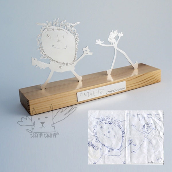 Handmade Silver Personalized Two Figured Tabletop Sculpture, Gifts From Your Child's Art, Unique Christmas Gift - image 1