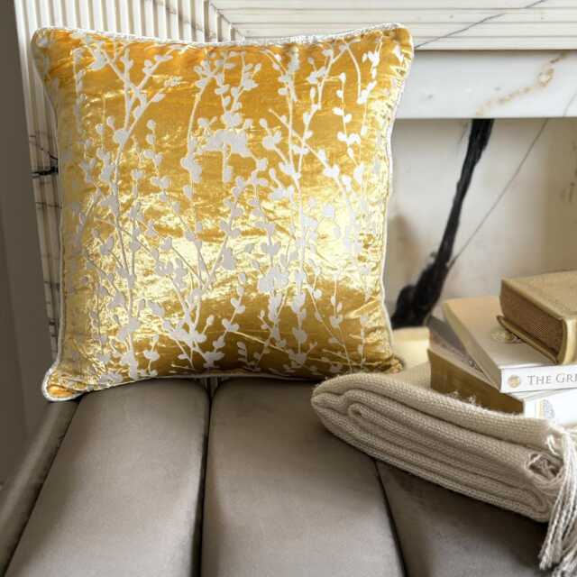 Mimosa Yellow, Burnout Velvet Nature & Floral Pattern, Contemporary Throw Pillow Cover/Euro Sham - Yellow Drops - image 1