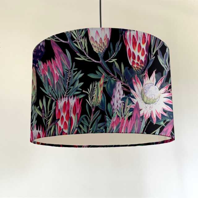 Botanical Velvet Drum Lampshade, Black & Pink Protea Floral - image 1