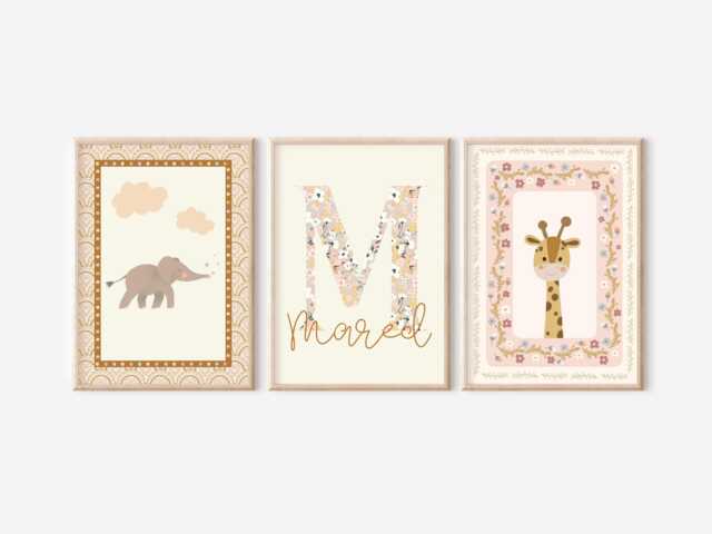 Set Of 3 Pretty Safari Animal Prints With A Pink, Peach & Cream Colour Scheme Perfect For Nursery, Bedroom Or Playroom - Prints Only - image 1