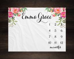 Girl Milestone Blanket Month Growth Tracker Minky Fleece Custom Personalized Baby Shower Gift Watercolor Floral Newborn - thumbnail 1