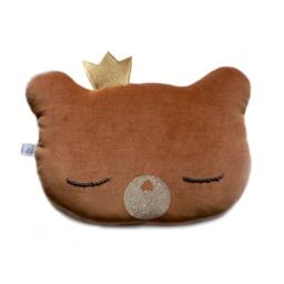 Crowned Teddy Bear Shaped Embroidered Cushion, King Nounours - Les Iconiques Collection Caro & Zolie - thumbnail 1