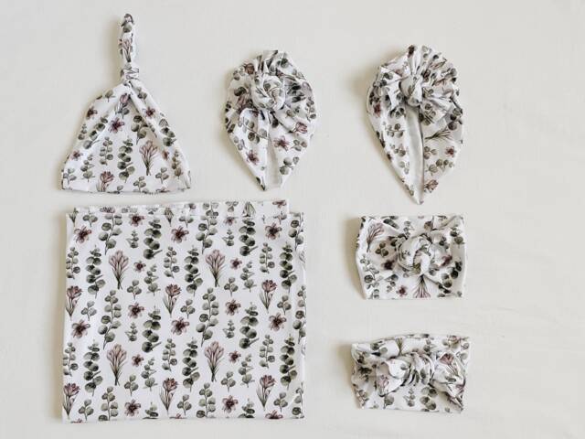 Eucalyptus & Lilac, Baby Swaddle, Blanket, Babywrap, Swaddle Matching Turban, Set, Newborn