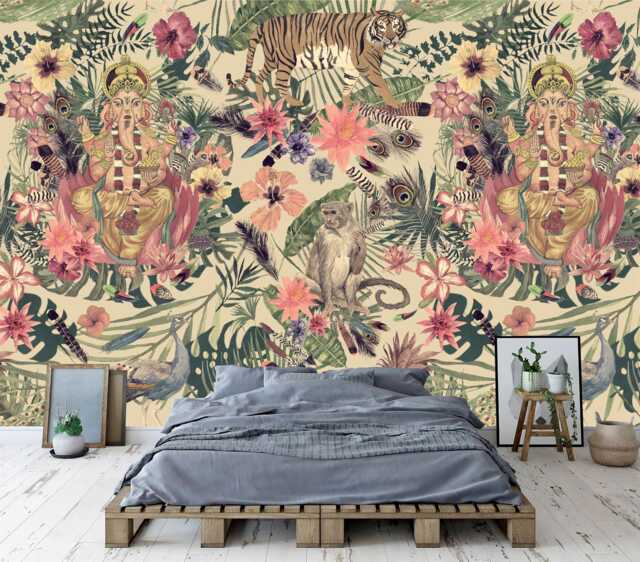 Ganesha Tiger Floral Wallpaper Mural, Peel & Stick Decal - image 1