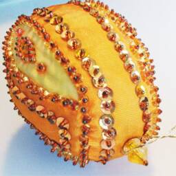Handmade Beaded Christmas Ornament, Yellow Gold Egg, Shatterproof - thumbnail 2