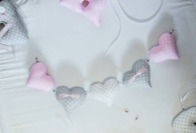 Hand-Sewn Heart Garland, Nursery Wall Decor, Pink, Gray & Blue - image 1