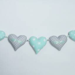 Hand-Sewn Heart Garland, Nursery Wall Decor, Pink, Gray & Blue - thumbnail 3