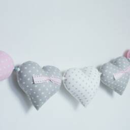 Hand-Sewn Heart Garland, Nursery Wall Decor, Pink, Gray & Blue - thumbnail 2
