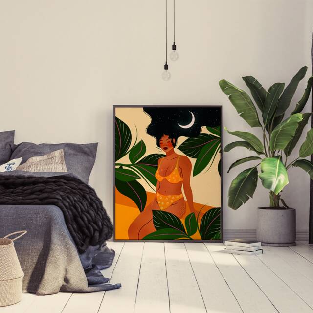 Jungle Moon Woman Art Print, Tropical Botanical Illustration, Boho Wall Decor - image 1