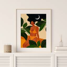 Jungle Moon Woman Art Print, Tropical Botanical Illustration, Boho Wall Decor - thumbnail 3