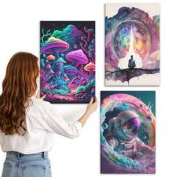 Canvas Wall Art Set Of 3 - Colorful Illustrations in Fantasy Style, Blue Art, Space & Astrology Decor - thumbnail 2