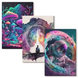 Canvas Wall Art Set Of 3 - Colorful Illustrations in Fantasy Style, Blue Art, Space & Astrology Decor - thumbnail 1