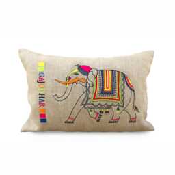 Embroidered Elephant Linen Pillow Cover, Indian Decor - 14x21 Inches - thumbnail 1