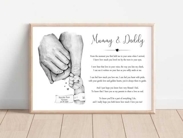 Personalised Mummy Daddy Print Gift Baby Birth Poem Hands One Child Only Unframed - image 1