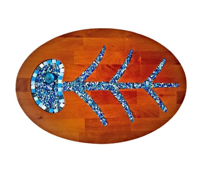 Sale Mid Century Style Fish Plaque, Blue Wall Hanging, Decor, Mixed Media Art, Wood Plaque - image 1