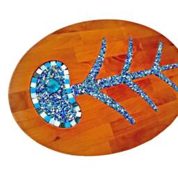 Sale Mid Century Style Fish Plaque, Blue Wall Hanging, Decor, Mixed Media Art, Wood Plaque - thumbnail 3