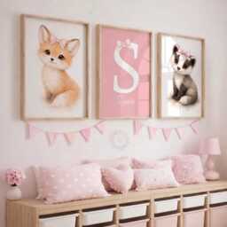 Personalised Woodland Nursery Print Set - Pink Girls Bow Animal Wall Art, Bedroom Poster Decor - thumbnail 1