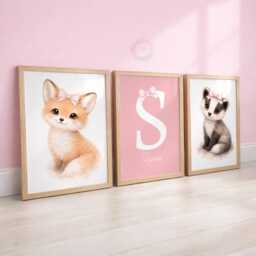 Personalised Woodland Nursery Print Set - Pink Girls Bow Animal Wall Art, Bedroom Poster Decor - thumbnail 2