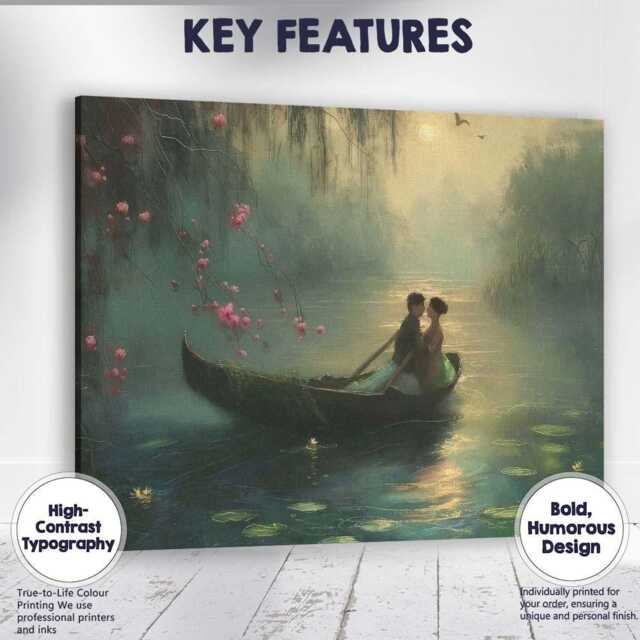 Moonlit Romantic Boat Couple Misty Lake Landscape Canvas Wall Art Print Decor Picture Ready To Hang - image 1
