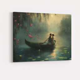 Moonlit Romantic Boat Couple Misty Lake Landscape Canvas Wall Art Print Decor Picture Ready To Hang - thumbnail 4