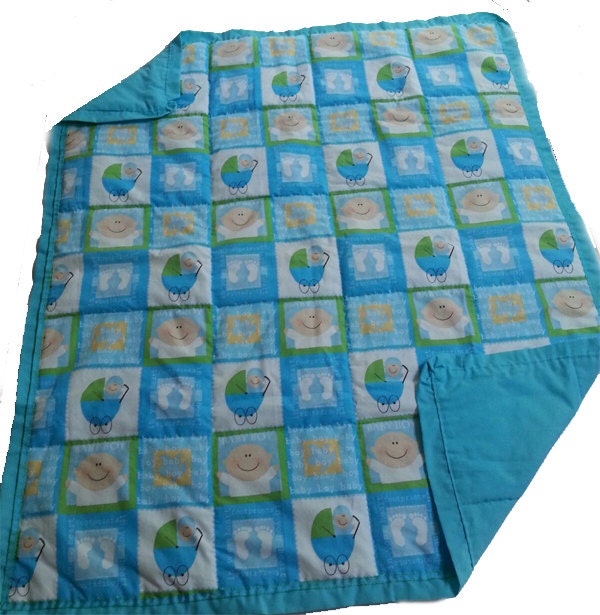 Handcrafted Baby Quilt, 100% Pure Cotton - Boy Face Print With Carriages & Feet Blue Blanket Shower - image 1