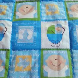 Handcrafted Baby Quilt, 100% Pure Cotton - Boy Face Print With Carriages & Feet Blue Blanket Shower - thumbnail 3