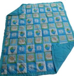 Handcrafted Baby Quilt, 100% Pure Cotton - Boy Face Print With Carriages & Feet Blue Blanket Shower - thumbnail 1