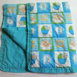 Handcrafted Baby Quilt, 100% Pure Cotton - Boy Face Print With Carriages & Feet Blue Blanket Shower - thumbnail 2