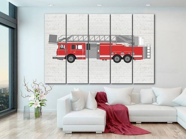 Fire Truck Canvas Art Kids Room Decor, Boy Print - image 1
