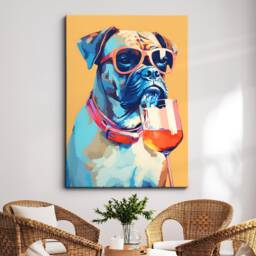 Vibrant Boxer Drinking With Glasses Painting Framed Poster Print & Canvas Wall Decor Art Bedroom Home Interior Dog Lover Gift Idea