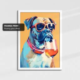 Vibrant Boxer Drinking With Glasses Painting Framed Poster Print & Canvas Wall Decor Art Bedroom Home Interior Dog Lover Gift Idea - thumbnail 3