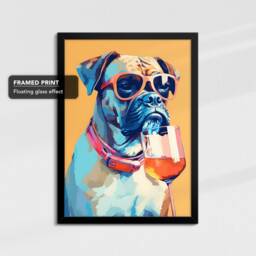 Vibrant Boxer Drinking With Glasses Painting Framed Poster Print & Canvas Wall Decor Art Bedroom Home Interior Dog Lover Gift Idea - thumbnail 2