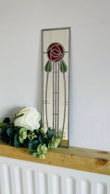 Rose 9 in Red Mackintosh Style Stained Glass Effect Mirror Handmade Gift Catfish Glass Art Nouveau 10x40cm - image 1