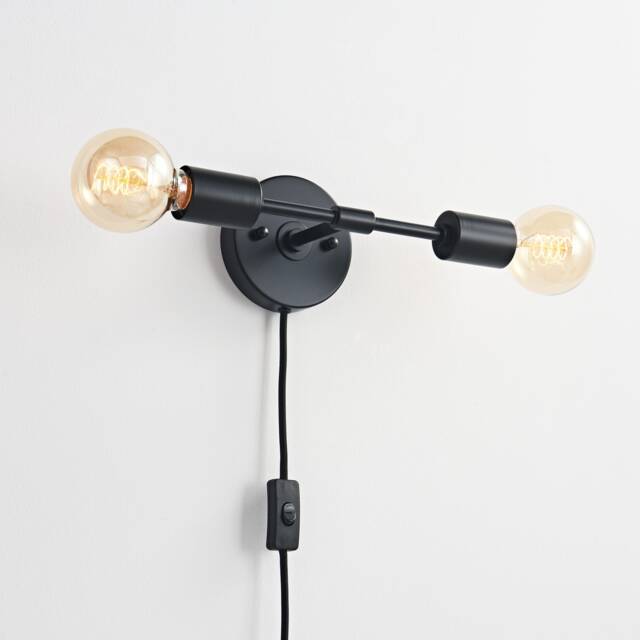 Black Plug-In 2-Light Wall Sconce - Mid Century Modern Industrial Lamp Bedroom, Office, Kitchen, Hallway & Bathroom Vanity Lighting - image 1