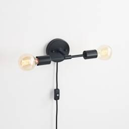 Black Plug-In 2-Light Wall Sconce - Mid Century Modern Industrial Lamp Bedroom, Office, Kitchen, Hallway & Bathroom Vanity Lighting - thumbnail 2
