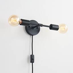 Black Plug-In 2-Light Wall Sconce - Mid Century Modern Industrial Lamp Bedroom, Office, Kitchen, Hallway & Bathroom Vanity Lighting - thumbnail 1
