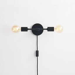 Black Plug-In 2-Light Wall Sconce - Mid Century Modern Industrial Lamp Bedroom, Office, Kitchen, Hallway & Bathroom Vanity Lighting - thumbnail 3