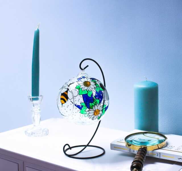 Hand Painted Floral Bee Glass Tealight Holder Nature Lover Gift - image 1