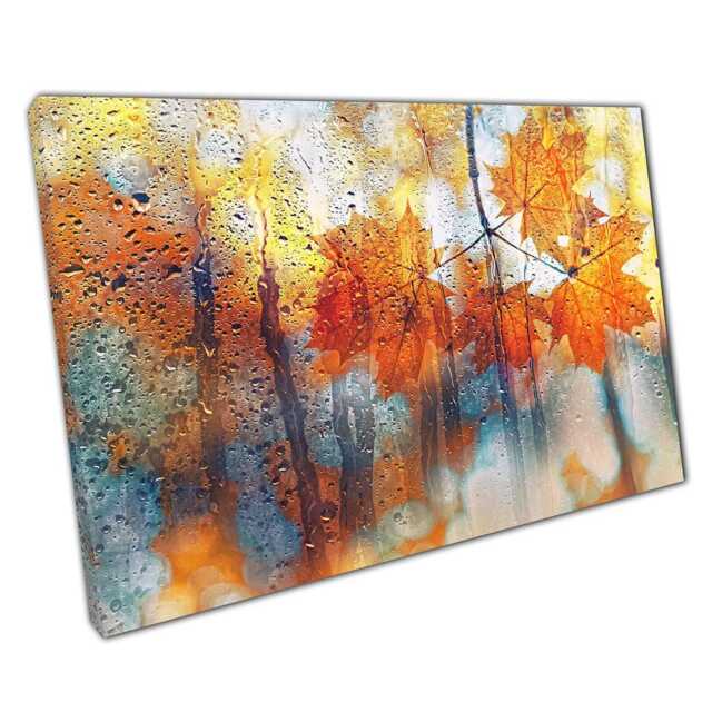 Autumn Rainfall Orange Maple Leaves On Glass Abstract Photography Canvas Wall Art For Home Decor - image 1