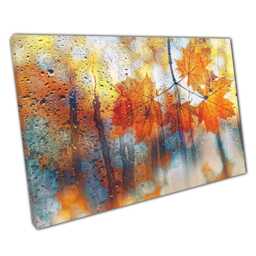 Autumn Rainfall Orange Maple Leaves On Glass Abstract Photography Canvas Wall Art For Home Decor - thumbnail 1